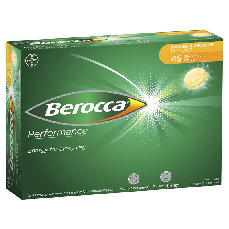 Berocca Energy Vitamin Mango & Orange Effervescent Tablets 45 pack